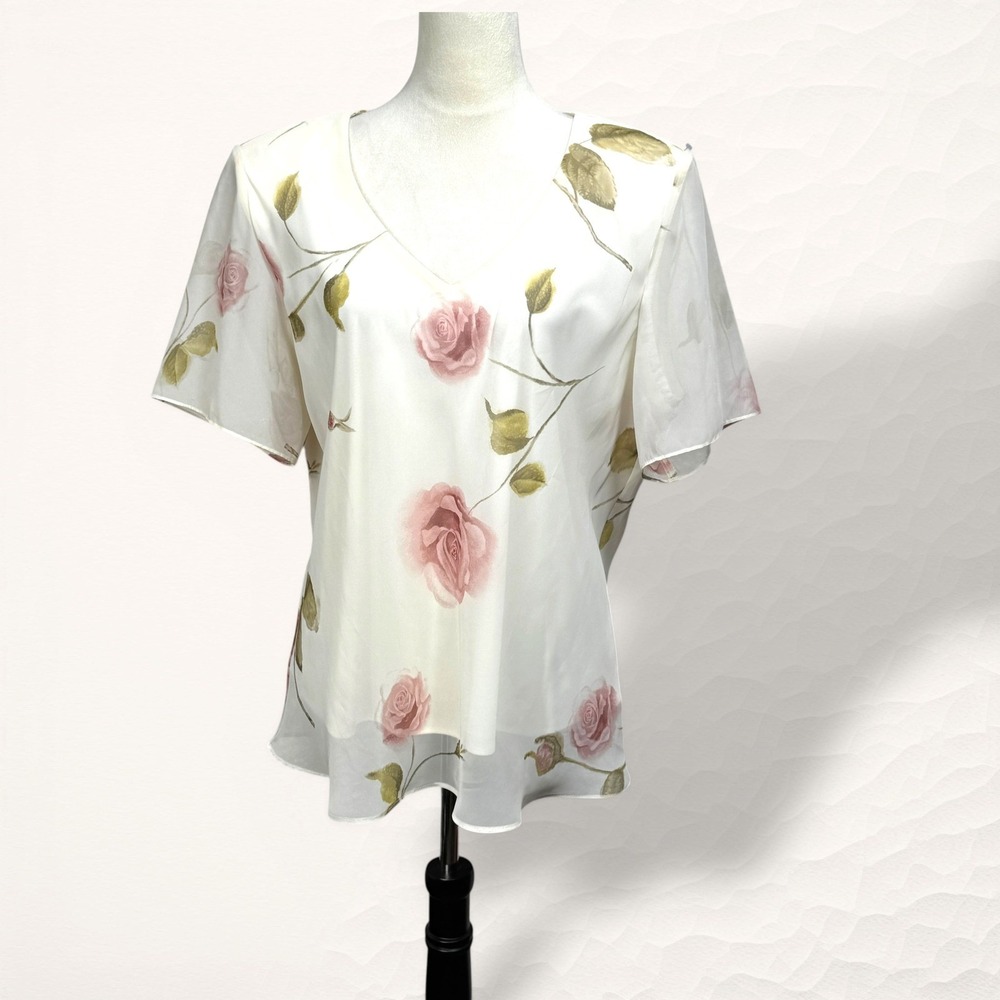 JBS Ltd Floral Blouse Womens 18W White Cottagecore‎ Sheer Layered Rose